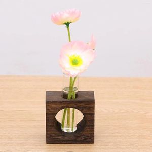 Vase Desktop Test Tube Vase with Shabby Wood Stand Flowerpot for Home Office