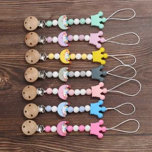 5PCS Pacify Toys Baby Beech Wood Pacifier Clips Cartoon Moon Silicone Crown Beads Nipple Chain For Care Teether Chew Toy Baby Dummy Holder Chain