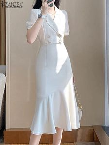 Zanzea lång skjorta klänning puff kort ärm elegant casual kvinnor sjöjungfru bantning midi klänningar fasta knappar fisktail vestido 240531
