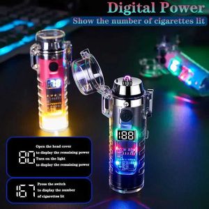 Lighters Transparent Double Arc Windproof Lighter Waterproof Outdoor Flashlight Lighting USB Charging Digital Display S24530