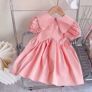 2024 Summer Fashion Children Pärlor LAPEL Kortärmade klänningar Girls Pink Princess Dress