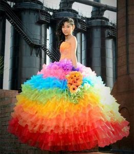 Rainbow Colorful Ball Gown Wedding Dresses Tiered Organza Floor Length Bridal Gowns Lace Appliques Sweetheart Neck Sleeveless Women Party Events Robe