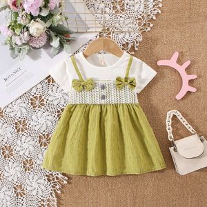 (0-3 Years Old) Summer Baby Cotton Color Blocking Fake Two-Piece Shoulder Strap Girl Cute Bow Beach Dress L2405 L2405
