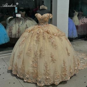 New Arrival Off Shoulder Sleeves Ball Gown Quinceanera Dresses Beading Pearls Appliques Lace With 3D Flowers Prom Evening Party Pageant Birthday Gowns Dress
