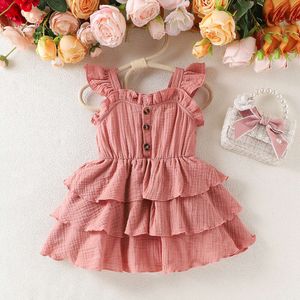 Summer Girl's Dress With Wooden Ear Sleeves Button Up Double Puffy Cake Skirt Cotton Fashionable Banquet Holiday Baby Child L2405