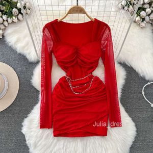 Purely Spicy Girl Sexy Celebrity Temperament Long sleeved Square Neck Waist Wrapped Small Short Fold Mesh Wrap Hip Dress