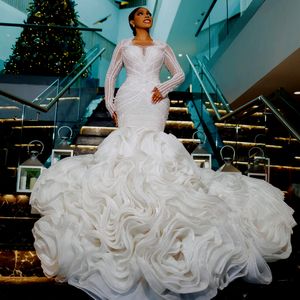 2024 Arabic Aso Ebi Plus Size Ivory Luxurious Mermaid Wedding Dress Beaded Lace Tiers Organza Bridal Gowns Dresses ZJ633