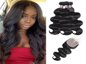 Loose Deep Transparent Lace Closure with Bundles Curly Body Straight Brazilian Virgin Human Hair Bundles with Closure Malaysian Pe3881991