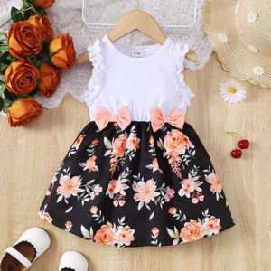 Baby Summer Clothes Floral Print ärmlösa klänningar Pastoral Style Wedding Party Dress with Bow for Toddler Girl 0-3 Years L2405 L2405