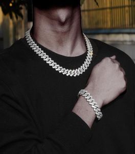 Hip Hop Iced Out 15mm Cuban Chain Necklace Bracelet Set Rhinestone Gold Silver Color Necklaces For Men Jewelry2226761