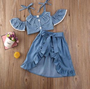 Yaz Kız Giyim Setleri Polka Dot Sling Üst Denim Şort Kısa Etek üçlü takım elbise bebek kız için kıyafetler set2372116