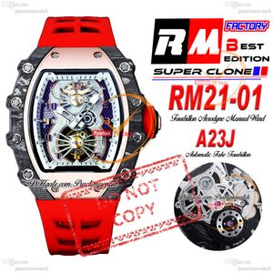 21-01 Tourbillon Aerodyne Automatische Herren Watch Black Faser Carbon Roségold Weißes Skelett Zifferblatt Red Gummi-Gurt Super Edition Herrenuhr Reloj Hombre Reinzeit D4