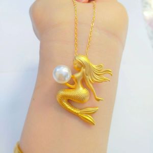 9999 Gold Real 24K Yellow Gold Womens Pearl Sereia Pingente Colar 240528