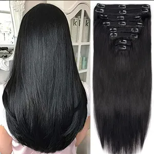 Extra tjockt dubbelt inslagsklipp i hårförlängningar Remy Human Hair Extensions Natural Black Off Black 8st Full Head Weave 14 16 18 20 22 24 26 Inch