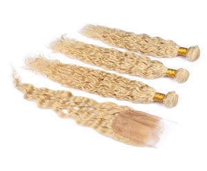 613 Blond Indian Virgin Wet and Wavy Human Hair Bunds With Stängning Vattenvåg Blond Virgin Hair Weft Wefts With Lace Closure9830859