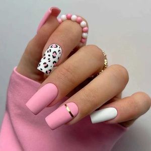 偽の爪24pps/セット正方形の頭のfalsedale neals art pink pink matte french nails upard人工アクリルプレスnails z240531