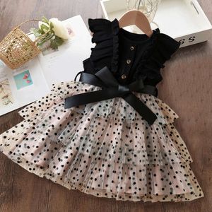 2024 Ny koreansk sommarflicka polka-dot mesh casual lade klänningar 2-6 år barn födelsedag prinsessan klänning söta flickor kläder l2405 l2405