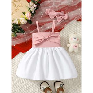 0-3 Year Old Newborn Baby Girls Summer Sleeveless Bow Strap Pink Patchwork White Fashionable Party Dress L2405 L2405