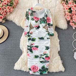 2023 Summer Show Fashion Square Neck Print Slim Fit Wrap Hip Slim Mesh Mid Length Dress