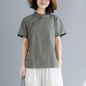 エスニック服2024夏の中国語レトロボタントップの改善された女性用文学用の格子縞の綿のリネンヴィンテージのためのチョンサムシャツ