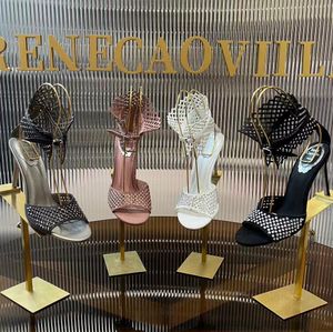 Rene Caovilla high heeled sandals leather hollowed out mesh rhinestone decoration luxurious designer wedding shoes summer women's party dress shoe