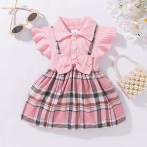 Summer Newborn Girl Fashion Princess Pink Stripe Flip Collar Flying Edge Sleeves Checkered Print Bow Dress 3-24M L2405
