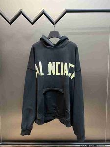 Designer High version B family 23ss autumn and winter style tape letter printed hoodie, washed and distressed, unisex style 93AG