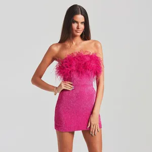 Vestidos casuais verão sexy curto backless rosa pena vestido temperamento lantejoulas hip envoltório saia elegante festa para mulheres 2024