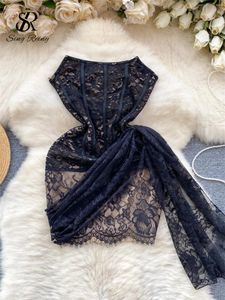 حمالات حمالات Singreiny Pajama Party Sheer Lace Dress Erotic Night Club Outfit Up Slim Design Fashion Hollow Out Sexy Nightwear