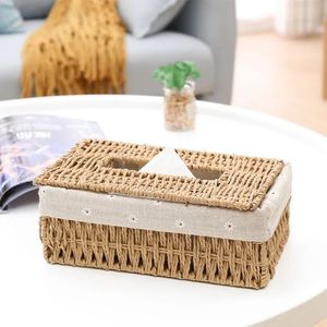 Hot Creative Handmade Rattan Tissue Box Hushållens pappersförvaringskorg Hemdekoration Khaki Floral Style 1 PCS Servithållare