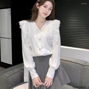 Женские блузки 2024, осенние хлопковые белые кружевные топы во французском стиле, милые офисные женские однобортные рубашки на пуговицах для девочек, шикарная корейская одежда