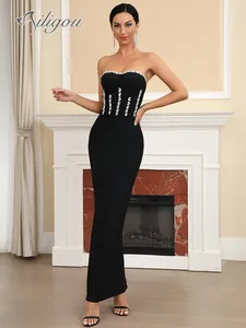 Casual Dresses Ailigou 2024 Summer Women's Black Diamond Crystal Strapless Tight Long Bandage Dress Elegant Celebrity Party Evening Evening