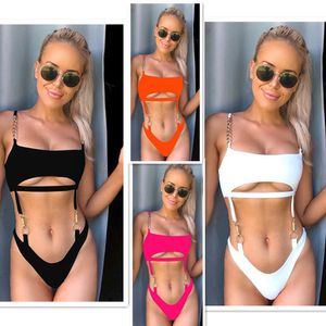 Chain sexy white swimsuit one piece bathing suit Brazilian bikini mujer Hollow out high cut swimwear women push up monokini T200114