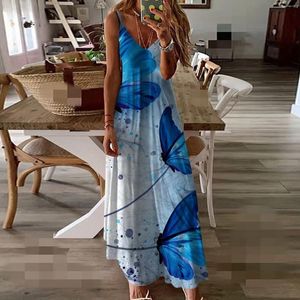 Casual Dresses Boho Dress Summer Butterfly Print For Women 2024 Sleeveless Spaghetti Straps Robe Vacation Beach Sundress Vestido