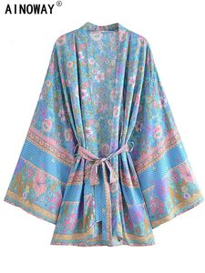 Vintage Chic Floral Print Sashes Bohemian Kimono Women V Neck Batwing Sleeves Happie Short Robe Boho Bikini Cover-ups 240321