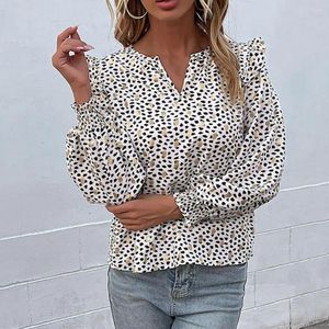 Women's Blouses Women Shirt V Neck Shoulder Pleating Ruffle Cuffs Lady Puffs Long Sleeve Dot Print Pullover Top Female Office Blouse