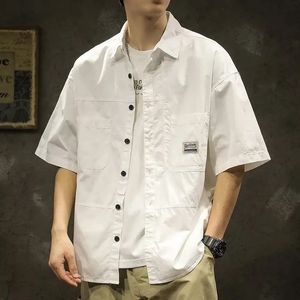 American Casual Short Sleeve Shirt For Men Summer Fashion Comfortable Tshirt 2023 High Street Plain Lapel blouses hombre 240326