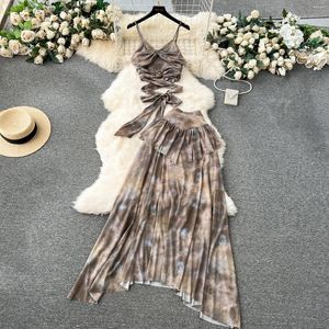 Work Dresses Woman Matching Suit Holiday Beach Women's Two Pieces Skirt Set Straps Vest Pleated Skirts Outfits Ladies Clothing Sets
