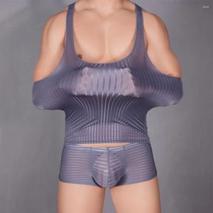 Bras sätter sexiga män stretchy mesh väst boxare underkläder poserar fit muskel tank top komfort hög stretch nattklänning nattkläder
