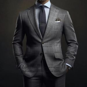 Fashion Grey Plaid Suits For Mens Business Male Blazer Slim Fit Wedding Groom Tuxedos 2 Piece Set Jacket Pants Costume Homme 240326