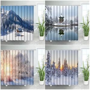 Shower Curtains Winter Rural Natural Scenery Snow Forest Park Landscape Home Decor Bathroom Fabric Bath Curtain Set With Hooks