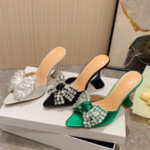 Dress Shoes 2024 New Sexy Toe 11CM Strange High Heels Slippers For Women Crystal Bowknot Satin Summer Sandal Shoes le Slides H240401