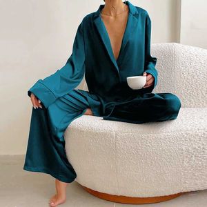 Ziq1 pijamas sexy hiloc de cetim de seda de seda de grande porte de pijamas sexy de baixo corte para mulheres com mangas compridas de peito comprido calças de perna larga ternos de calça 2404101