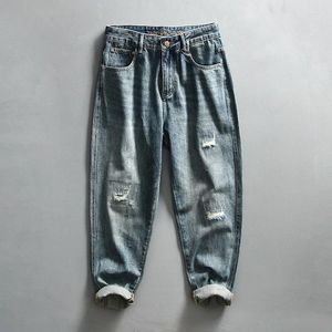 Jeans da uomo con ricamo buco strappato denim per uomo pantaloni dritti vintage lavati pantaloni da uomo primavera autunno morbidi e traspiranti