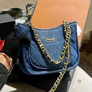 24P Gradient Blue Designer Denim Tote Clutch Bag Chain Handle Gold Hardware Diamond Lattice Women Shoulder Cross Body Handbag High-Capacity Casual Hobo 22x16cm