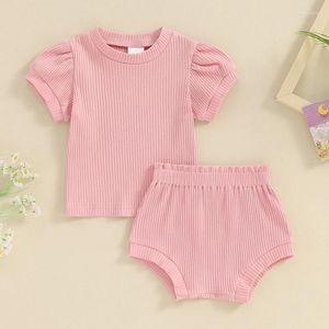 Clothing Sets Toddler Kids Baby Girls 2pcs Outfits Solid Color Ribbed Short Sleeve T-Shirts Elastic Shorts Cute Summer Clothes