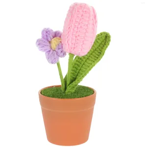 Decorative Flowers Tulip Flower Pot Crochet Decor Woven Needle Knitted Bonsai Knitting Crafts Simulated Ornament Sunflower