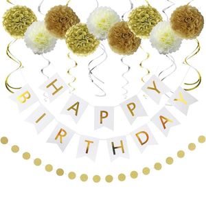 Party Decoration Gold White Happy Birthday Banner Decorations Pom Poms Flowers Dots Garlands Hanging Swirls For Girls Women Decor