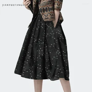 Skirts Fashion Black Jacquard Polka Dots Skirt Womens High Waist A Line Belt Lace-up Plus Size 4XL Female Office Midi Jupe Femme