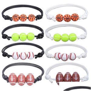 Ciondoli Basket Calcio Rugby Baseball Tennis Braccialetti con ciondoli per uomo Donna Bracciale sportivo in pelle regolabile fatto a mano con palla Dhhcx